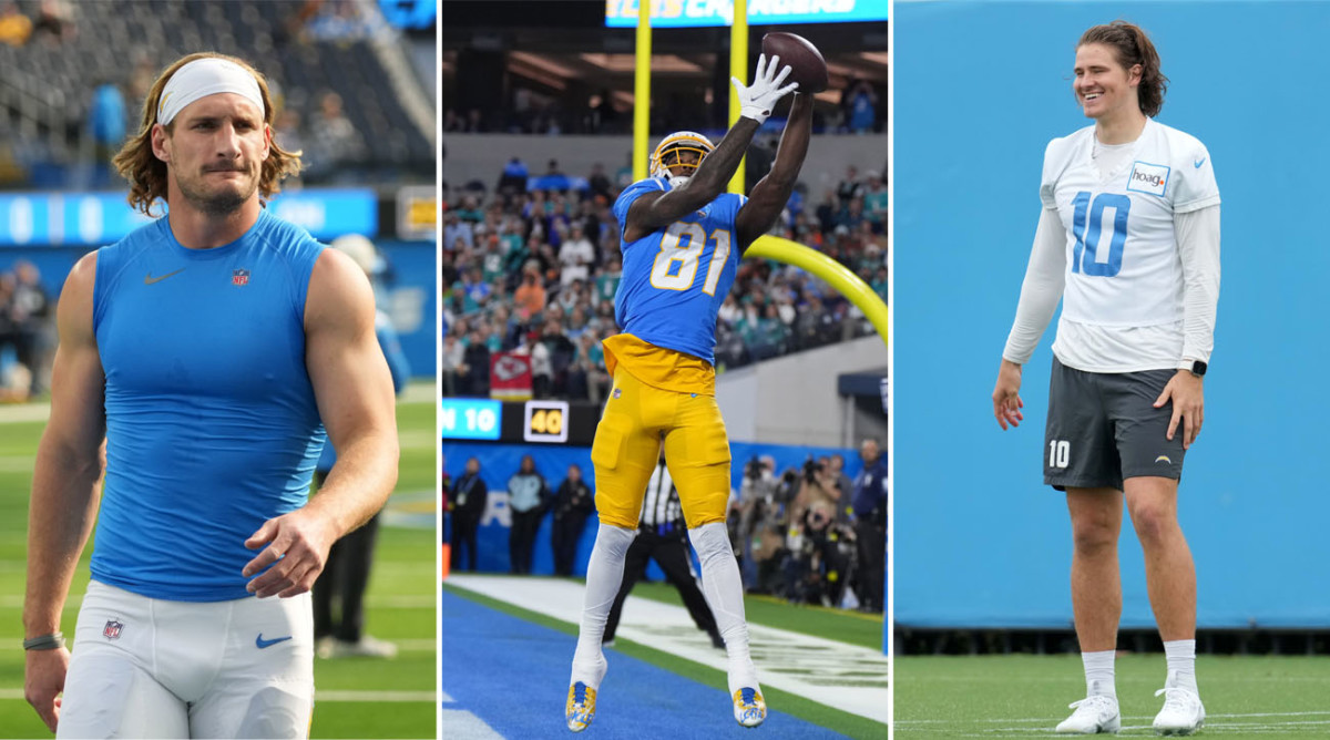 Joey Bosa walks without his uniform on, Mike Williams jumps to catch the ball, Justin Herbert stands at OTAs